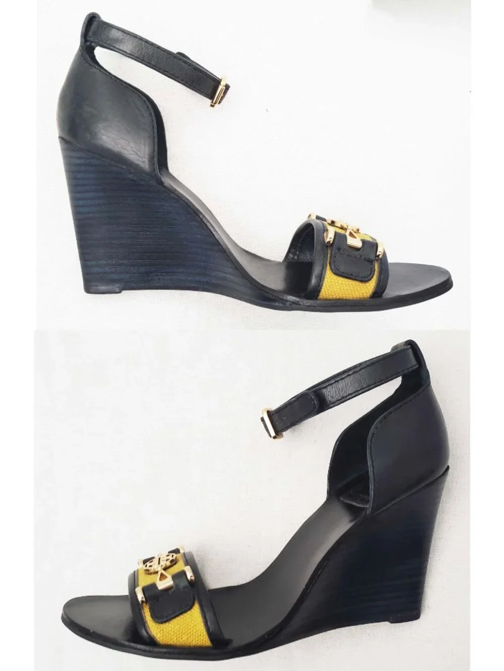 Tory Burch Women's Daria Navy Leather  Wedges Sandals Yellow Accent Gold Logo